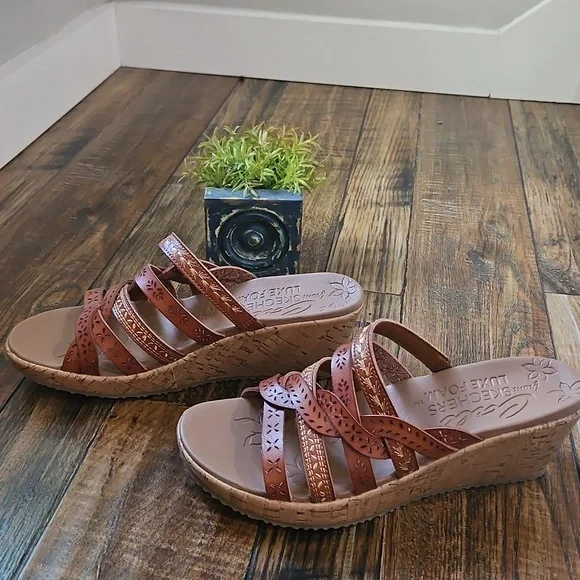 Cali‎ From Skechers Women's Tan Leather Braided Cork Wedge Heel Sandals. - Picture 9 of 12